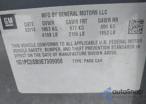 2014 Chevrolet Cruze 1Lt Auto из США, поврежденный, VIN 1G1PC5SB9E730995